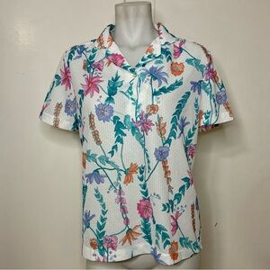 Vintage 70s/80s White Floral Half Button Up Short Sleeve Gauzy Polyester Blouse